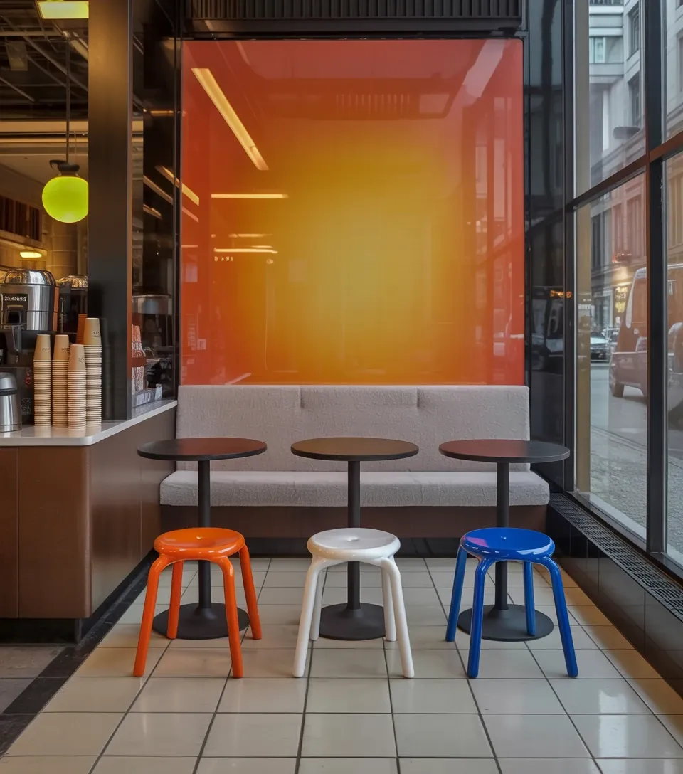 A coffee kiosk with orange, white and blue stools at a window counter