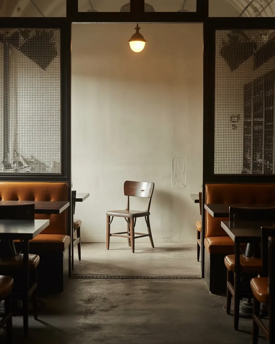 An empty restaurant in the afternoon, one chair under a single light